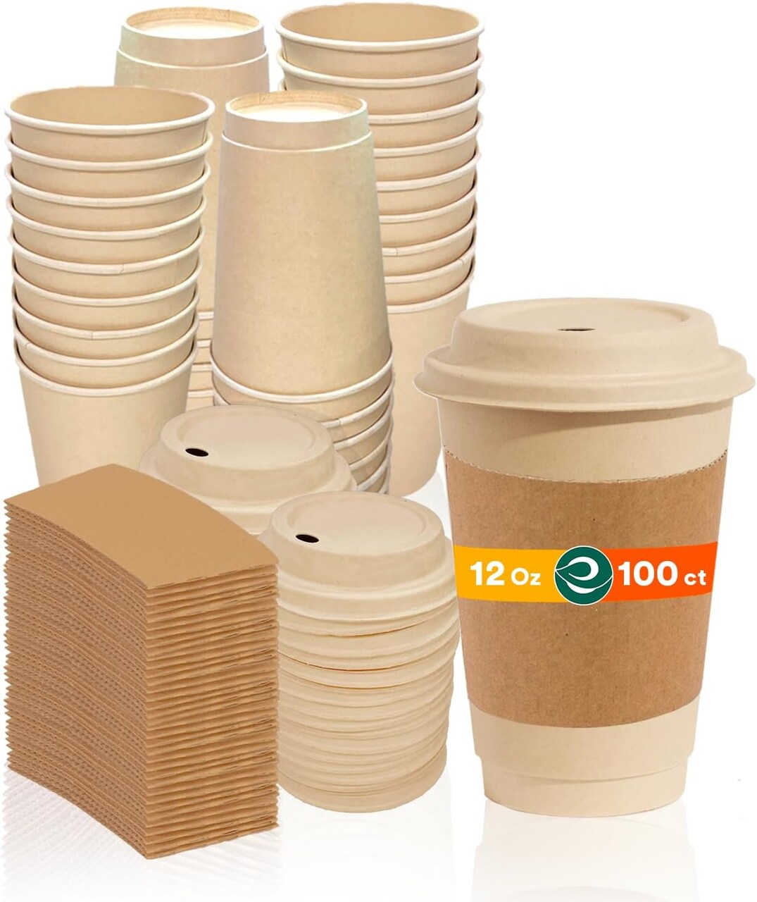100% Compostable Coffee Cups With Lids & Sleeves - 12 Oz (100 Counts) To Go Coffee Disposable Bagasse Cups |Sturdy & Eco-Friendly Cups for Cafes, Party, Office